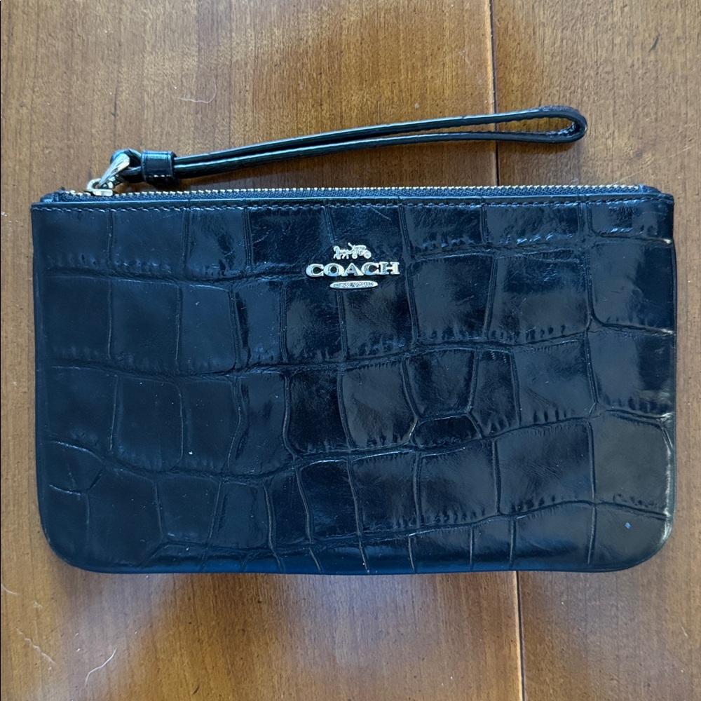 Coach Black Croc-Embossed Leather Wristlet